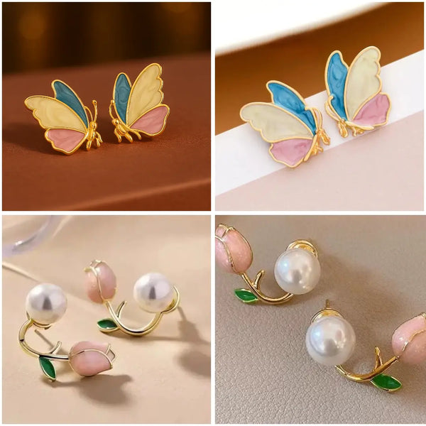Combo of 2 - Butterfly Stud - Pink Tulip Flower Stud Earrings