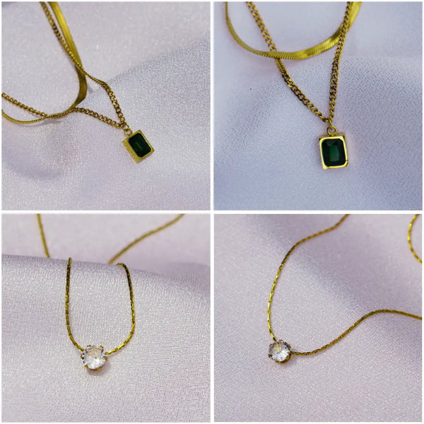 Combo of 2 - Faux Green Emerald - Cubic Zirconia Pendant - 18K Gold-Plated Anti-Tarnish Stainless Steel Necklace