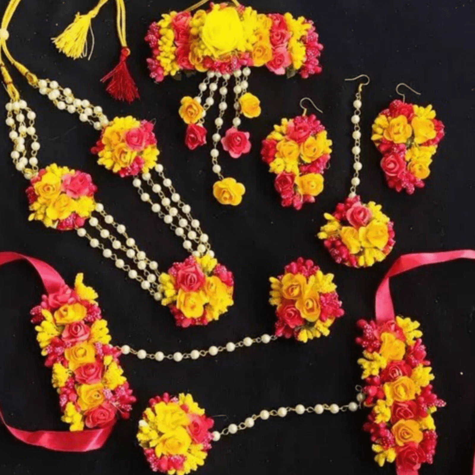 Haldi Mehandi Flower Jewellery Set with Bahubali Earrings – Saubhagyavati.in